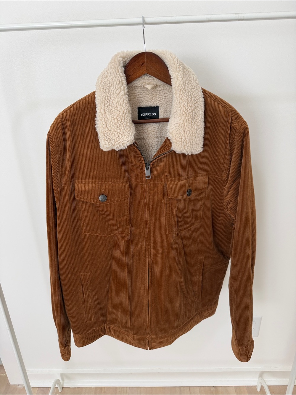 Express Brown Corduroy Bomber Jacket with Cream Sherpa Collar